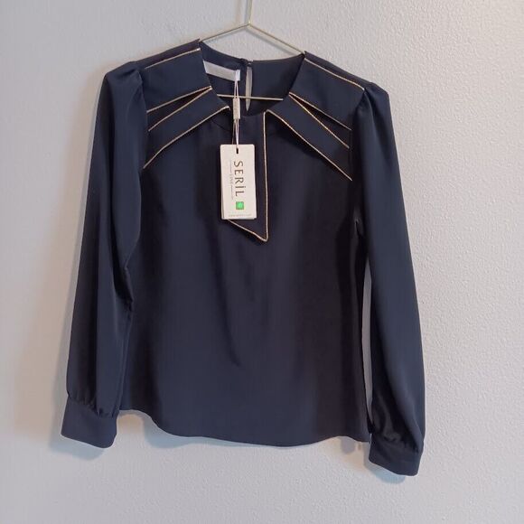 Seril Line Women's Size 38 Small Long Sleeve Black Blouse Side Zip Turkey Gold - Picture 2 of 13